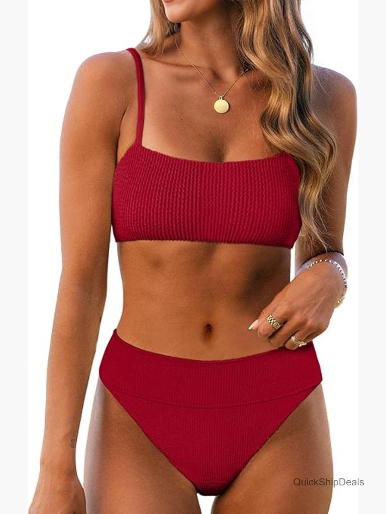 High Waisted Bikini Set Tummy Control 2 Piece Ribbed Textured Swimwear